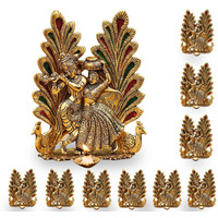 Collectible India Peacock Design Radha Krishna Idol Showpiece with Diya for Puja and Home Decor (8 x 6 Inches), Metal, Gold (25 Piece)