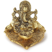 karigar creations Metal Lord Ganesha Idol on Leaf with Diya for Puja Diwali Decoration Items Home Decorative Gift Puja 10x11 cm