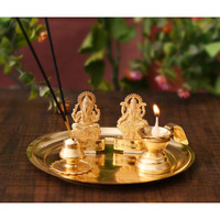 Collectible India Metal Laxmi Ganesh Idol Showpiece, Traditional Diya Oil Puja Lamp, Agarbatti Incense Stick Holders Pooja Thali Set (Golden)