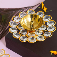 TIED RIBBONS Crystal Akhand Diya for Decoration - Brass Diya for Puja Oil Puja Lamp - Decorations Items for Home Decor and Gifts (Golden, 9 X 3 Cm)