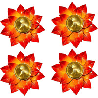 Collectible India Brass Diya Deepak Oil Lamp Small Lotus Kamal Shape for Home Temple Puja Articles Decor, Orange, Set of 4