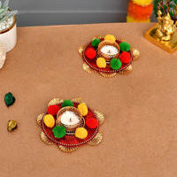 Collectible India Cast Iron Flower Design Diya Tea Light Candle Holder, Pack of 2