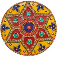 iKreation Acrylic Round Shape N Diya Rangoli S-160 (13 pcs) (Red, Yellow) (21 cm X 21 cm)