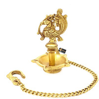 Two Moustaches Ethnic Handmade Peacock Design 5 Oil Wick Brass Hanging Diya (Golden)