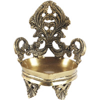 Two Moustaches Ethnic Vintage Design Brass Carving Diya on Three Carved Legs, Diyas for Decoration, Diyas for Puja, Standard, Pack of 1