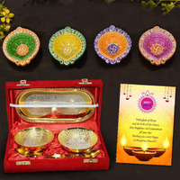 Collectible India Diwali Gift Combo Diwali Decoration Items Hampers Pack for Family and Friends Gold & Silver Plated Brass Bowl Showpiece for Puja with 4 Clay Diya Oil Lamp & Greeting Card