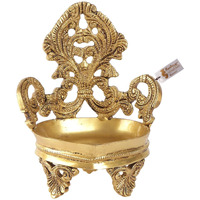 Two Moustaches Ethnic Vintage Design Brass Carving Diya on Three Carved Legs, Brass Diyas for Home Decoration