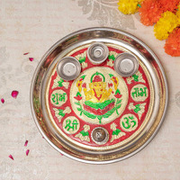 TIED RIBBONS Traditional Meenakari Decorative Pooja Thali with Attached Diya Agarbatti Stand and Roli Chawal Katori