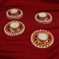 Urban Turtle Diwali Decoration Tealight Candle, Diya Holder for Home, Office etc. - Red Golden and White Pearl / 4 pcs/Hand Crafted/Made in India
