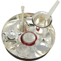 BENGALEN Silver Plated Pooja Thali Set 5 Inch Plate Kumkum Holder Diya Ghanti Glass Spoon Bowl Ganesh Lakshmi Coin Premium Puja Decorative for Home Office Wedding Return Gift Items