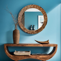 HOSLEY Decorative Modern Designer Round Wall Mirror| Wood Slice Frame Round Wall Hanging Mirror| Wall Mounted Perfect for Living Room Bathroom Bedroom Hall Wall Decor |Brown (Pack of 1)