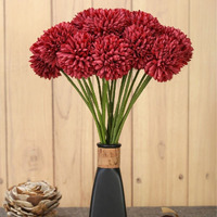 SATYAM KRAFT 5 Pcs Artificial Chrysanthemum Hydrangea Ball Flower Stick for Home Decor, Office, Bedroom, Balcony, Rakshabandhan Decoration and Craft (Pack of 5,Dark Red) (without Vase Pot)