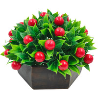 fancymart Artificial Fruit Cherry in Wood Hexagon Pot - 15cm Height - Home & Office Decor Elegant Potted Plant for Tabletop Enhancement