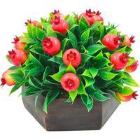fancymart Artificial Fruit Pomegranate in Wood Hexagon Pot - 15cm Height - Home & Office Decor Elegant Potted Plant for Tabletop Enhancement