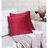 Amazon Brand  Umi Velvet Pompom Cushion Cover 24x24 Inch - Set of 2 Large Square Throw Pillow Covers for Sofa Living Room or Home Decor in Wine Color
