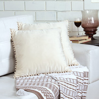 Amazon Brand  Umi Velvet Pompom Cushion Cover20x20 Inch - Set of 2 Large Square Throw Pillow Covers for Sofa Living Room or Home Decor in Cream Color