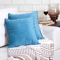 Amazon Brand  Umi Velvet Pompom Cushion Cover 24x24 Inch - Set of 2 Large Square Throw Pillow Covers for Sofa Living Room or Home Decor in Teal Color