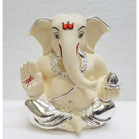Gold Art India Ceramic Ganesh Idol for Car Dashboard Ganesha Murti Ganpati Idol for Home Decor Puja Lord Ganesh Statue Gift for Office Desk Puja Room Figurine 2 Inches, Silver and Chandan