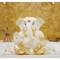 Gold Art India Gold Plated Ceramic Appu Ganesh Idol for Car Dashboard Small Ganesha Murti Ganpati Idol for Home Decor Puja Lord Ganesh Statue Gift for Office Desk Puja Room Figurine 6X4 Cm