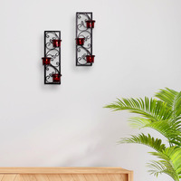 HOSLEY Metal Red Glass Tealight Candle Holders| Wall Sconce Candle Holders| Hanging Wall Mounted Holders|Perfect for Home Decor Dining Room Bedroom| Pack of 2 with Pack of 6 Tealights(Black)
