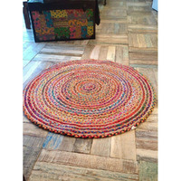 Fernish Decor 2 Pcs Jute Cotton Braided Reversible Rug for Living Room Bedroom Kitchen Entryway | Boho Stylish Multicolor Mat (60 CM Round- Pack of 2)