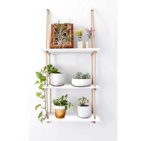 VAH Wall Hanging Shelf, White Wood Floating Shelves for Wall Rustic Rope Shelves Plant Shelf Farmhouse Decor for Living Room Bathroom Bedroom Kitchen Apartment -Wood Hanging Shelf Bohemian (3 Tier)