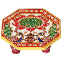 HOUSEHOLD HUB Handcrafted Marble Chowki for God Idol - Elegant Home Dcor | Octagonal Peacock Design | includes Free Golden Ganesh Ji Idol 3x2 Inch