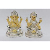 Gold Art India Gold and Silver Plated Laxmi Ganesha Pair Goddess Idol | Laxmi Devi Ganpati Ji |for Diwali Pooja Sculpture Statue Home, Gifting,Showpiece (2.75 inches Height)(Silver Off White)