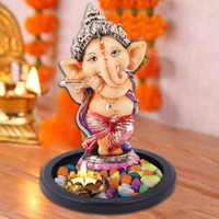 Mariners Creation Ganesha Idol Playing Flute with Wooden Tray for Gift & Home Decor | Ganesha Statue for Home Decor | GANPATI Statue | SHOWPIECE for Home Decor House Warming Gift