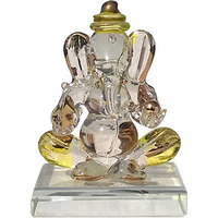 Attractive Yellow Colour Devine Ganesh Statue Double Face (Both Side Face) Idol HandmadeStatue (Murti) Shopiece of Crystal Glass by Somil for Worship, Decoration, Car Dashboard, Gift