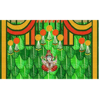 Ashvath Fashion Banana Leaf and Hanging Marigold Flower with Ganesh ji Design Backdrop Cloth for Pooja Decoration Traditional Fabric-Polyester Size 5 Feet Height and 8 Feet Width(5 * 8)