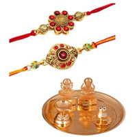 Collectible India Rakhi for Brother with Puja Pooja Thali Gifts Combo - Rakhi Gift for Brother Boys - Rakshabandha Gifts for Men Bhaiya - Gold Plated Laxmi Ganesh Pooja thali Set (M2- Set of 2 Rakhi)