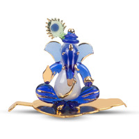 iCraft God Ganesh Sitting with Leaf Statue (Murti) Idol Showpiece Handmade of Crystal Glass for Worship, Decoration, Car Dashboard, Gift (Golden Leaf), Small