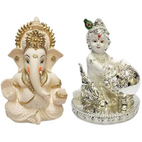 Gold Art India Peach Ivory Silver White Finish Ganesha Murti and Makhan Krishna Idol for Home Decor | Laddu Gopal murti for Gifting | Makhan Chor Idol | Puja Lord Krishna Ganesh Statue Gift Figurine