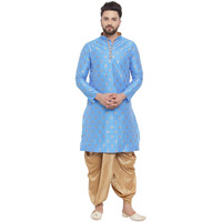 Larwa Ethnic Loop Button Ganesh Print Kurta Dhoti Set Firozi, Size:44