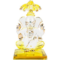 iCraft God Ganesh Sitting with Chakra Statue (Murti) Idol Showpiece Handmade of Crystal Glass by for Worship, Decoration, Car Dashboard, Gift (Yellow), Small