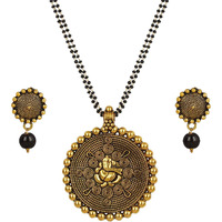 JFL - Jewellery for Less Jewellery For Less Traditional Ganesh Pendant Collection Gold Platted Black Beaded Double Chain Mangalsutra Set For Women,Valentine