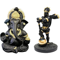 Gold Art India Traditional Terracotta Black Ganesha Murti and Hanuman ji Idol for Home Decor | Ganesh Murti and Maruti Hanuman for Office Desk | Puja Lord Ganesh and Hanumanji Statue Gift Figurine