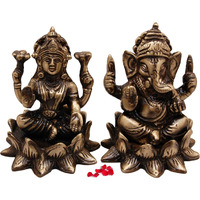 Two Moustaches Brass Laxmi Ganesh Idol Pair, Standard, Weight - 700 Grams Antique Brown, 2 Piece