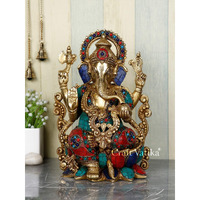 Collectible India Large Lotus Sitting Ganesha Brass Idol Good Luck God Deity Ganesh Statue -Ganesha Idol Sculptures 12.5 Inches Height