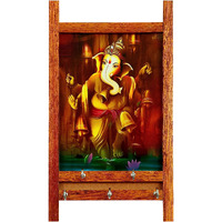 G1E Handcrafted Wooden Decorative Lord Ganesh/Ganapati/Vinayagar/Pillaiyar Art Key Holders for Home and Office with 5 Hooks and Wall Hanging Screws. (Gold, Frame Style H / 15x25.5 Cms)