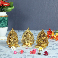 Handicrafts Paradise Metal Antique Golden Finish Lakshmi Ganesh and Saraswati Ji with Leaf Backdrop, 4 x 2 x 5 inch, 3 Piece