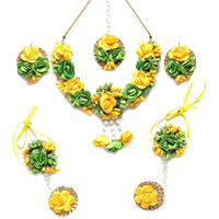 ZENEME White Pearl Beaded Gota Patti Floral Beaded Haldi & Mehendi Necklace With Earrings, Maang Tikka & Bracelet Jewellery Set For Girls and Women (Lime Green & Yellow)