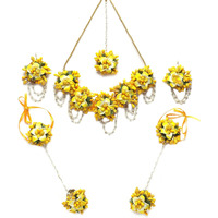 ZENEME White Pearl Beaded Gota Patti Floral Beaded Haldi & Mehendi Necklace With Earrings, Maang Tikka & Bracelet Jewellery Set For Girls and Women (Yellow)
