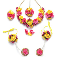 ZENEME White Pearl Beaded Gota Patti Floral Beaded Haldi & Mehendi Necklace With Earrings, Maang Tikka & Bracelet Jewellery Set For Girls and Women (Red-Pink-Yellow)