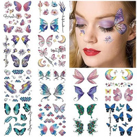MAYCREATE Butterfly Tattoo Sticker 12 Sheets Kit, Face Mehendi Temporary Tattoos for Women Girls, Aesthetic Glitter Fake Tattoo Stickers for Face Arm Body, Freckle Tattoo Art for Rave Party