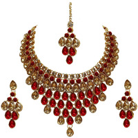 Lucky Jewellery Elegant LCT Golden Red Color Stone Necklace Set for Girls & Women (825-L1SS-837-LCT-RED)