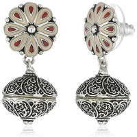 Estele Oxidized Silver Plated Orange Pink flower filigree bead Drop Earrings