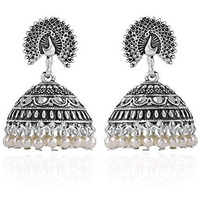 Estele Silver Oxidised Stylish Traditional Peacock Earrings