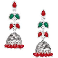 Estele Red & Green Gold Metal Brass Oxidised Silver Floral Model Enamel With Red Colour Pearl Drop Jhumka Earrings For Women
